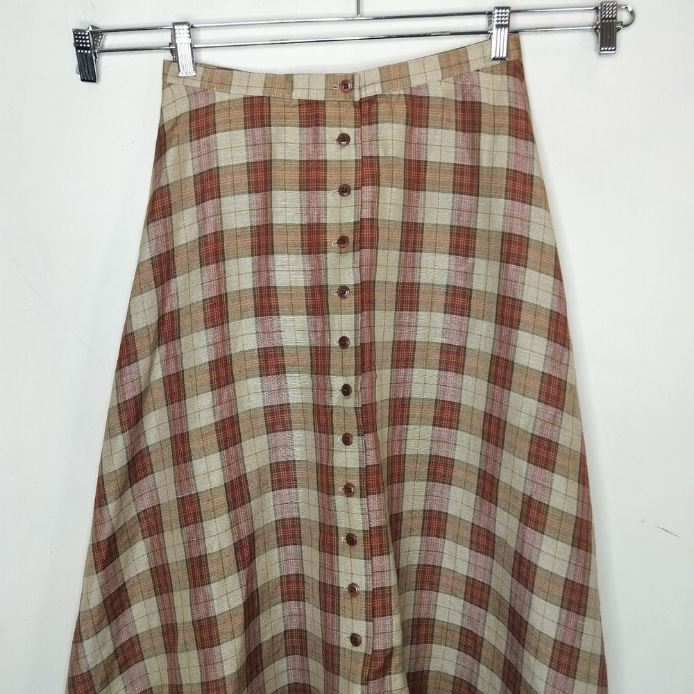 Vintage Women's Sz Large Skirt Button Front Rena Rowan Beige/ Rust Plaid Maxi